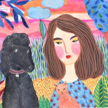 A girl with her black poodle and holding a cat in her lap sit among together enjoying their friendship