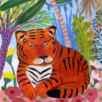 A tiger relaxes in the vegetation as he prepares to take a nap in the jungle. A bunch of flowers underneath makes a nice soft bed