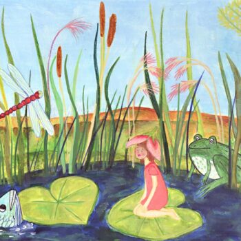 Among the lily pads and cattails a little fairy shares the tiny pond with her friends the frog, the fish and the dragonfly.