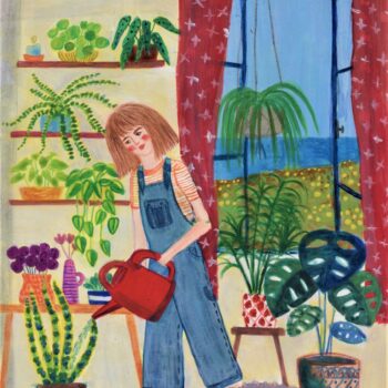 A young girl waters her various and colorful plants as a gentle ocean breeze enters through the open windows