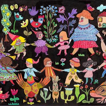 Children dance in a circle as animals play their instruments for them. Fruit trees in the background add to the festive mood