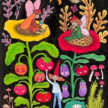 Fairies play the flute and drink a fruity beverage sitting on flower petals as their friend the gnome checks the repines of the fruits and vegetables.