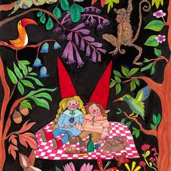 A picnic blanket spread on the ground as two elves enjoy their afternoon meal along with natures animals