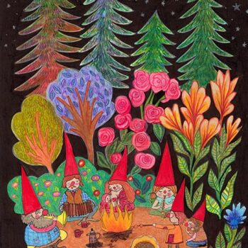 A family of elves sits around the campfire roasting marshmallows and drinking hot cocoa tucked among the forest