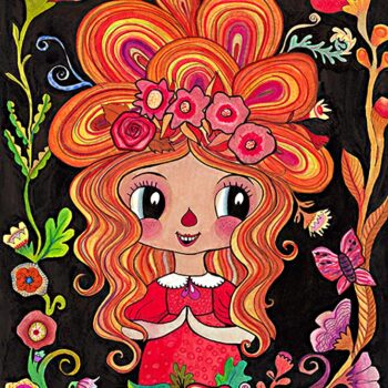 A little redhead girl with flowers in her hair stands smiling among the blossoms waiting for her true love to appear.