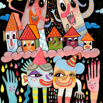 Smiling houses on pink clouds, looking down upon a joyous scene of two young monsters in love as their parents smile their approval.