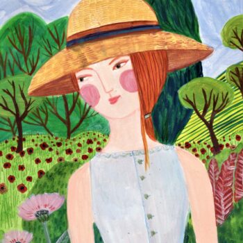 A blushing redheaded girl gazes upon wild flowers as she walks amongst rolling hills on a lovely day