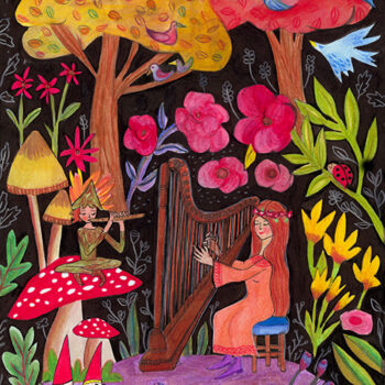 A young redhead plays her harp for the inhabitants of nature. Birds, elves and gnomes enjoying the tranquil sound emanating from her playing.