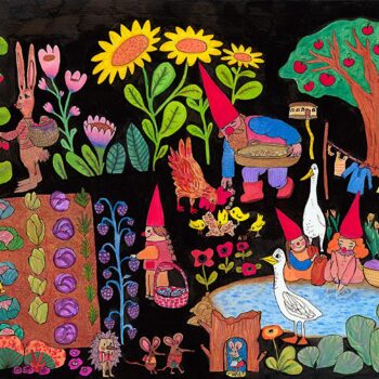 A family of gnomes and their pet’s plant, water and harvest their crops. Others wash and hang their laundry by the local pond.