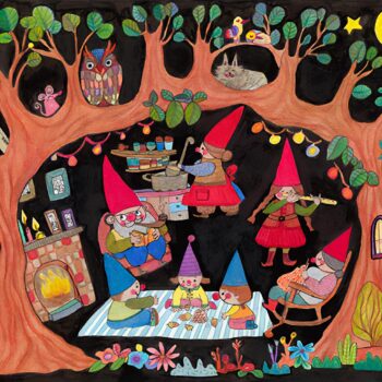 The Gnome family relaxes in their tree house next to the cozy fireplace. Kids playing, mom cooking as they get ready for their evening meal.