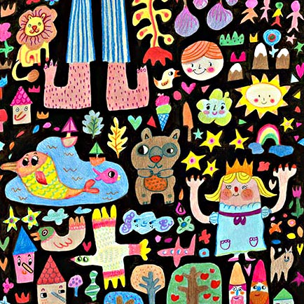 A cornucopia of animals, people, food and nature all come together in this collage  of colors and designs