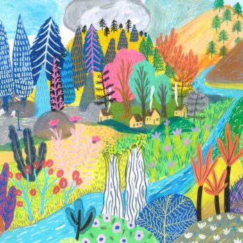 Charming houses, nestled in between the vibrant trees, in a picturesque valley next to flowing stream