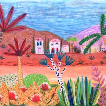 In a blossoming dessert of cacti and palm trees, several pink houses sit amongst the hills under a blue sky