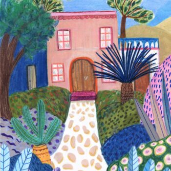 A cobbled pathway leads to a pink house set amongst trees and a green lawn emanating warmth and tranquility.