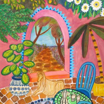 The Patio – A dog rests on the beautiful, tiled floor enjoying the breeze coming through the arched window on a clear afternoon