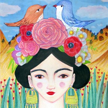 A beautiful woman with pretty flowers and nesting birds in her hair standing among the fields with hills in the background.