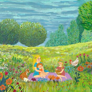 A mother and her two children have a quiet picnic in a scenic meadow of trees and flowers