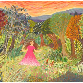 A young girl in a long flowing pink dress, with a wreath on her head, dances with elves among the trees and flowers as the sunsets on another picturesque day in the valley.