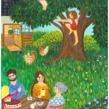 Strawberry Cake – A family sits outside enjoying cake and coffee and their two older children play in the ancient tree. The younger one hugs her father, and the wife talks with her wise and grey-haired mother