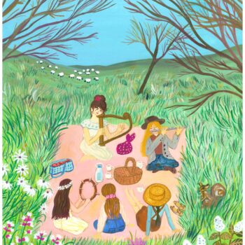 Folksongs – Siblings sit on a picnic blanket amongst the field as they play traditional folksongs on their instruments and sing of tales past. Sheep graze in the background enjoying the music as well.