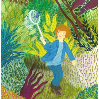 A young, smiling and happy boy, runs through the blossoming fields, as he tries to catch a blue butterfly with his white net.