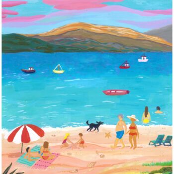 Adults, children and their pets play on the beach. Walking hand in hand, building sandcastles. Colorful sailboats floating gently on the blue lake in the distance.